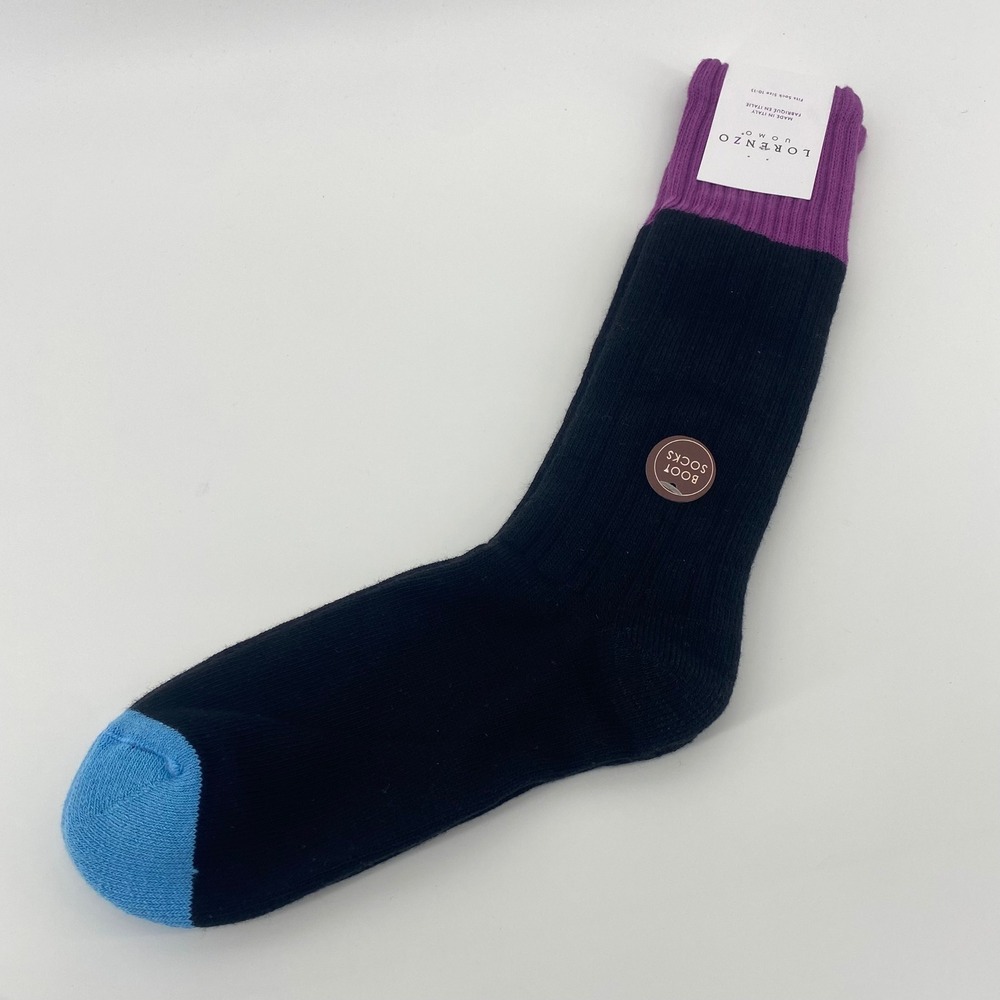 Lorenzo Uomo Boot Socks Mens 10-13 Black Purple Blue Colorblock Made in Italy